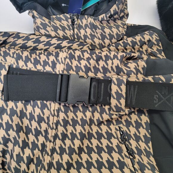 Gsou Snow Women's Slim-Fit Stretch Faux Fur Tan Houndstooth One-Piece Ski Suit S - Picture 8 of 16